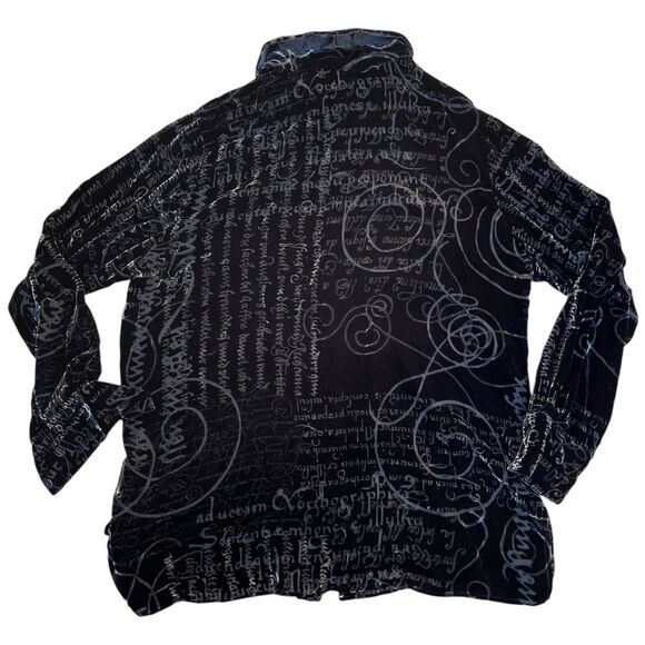 Vintage 90s Black Velvet Burnout Script Print Top Silk Blend Semi Sheer Boho L - Picture 5 of 16